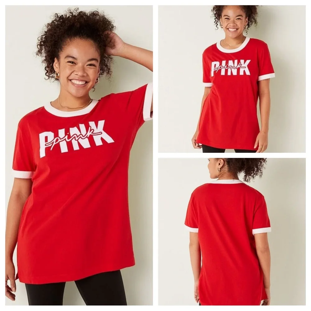 VS VICTORIAS SECRET PINK CAMPUS SHORT SLEEVE TEE TOP PIN UP RED XXL